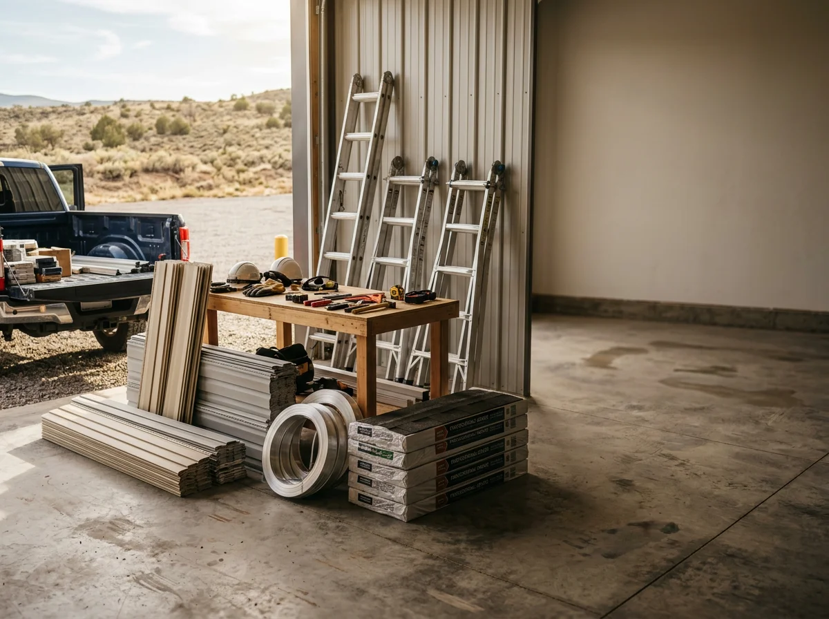 Exterior contractor tools and materials staged on a work site, showcasing professional equipment ready for siding, roofing, and window installation.