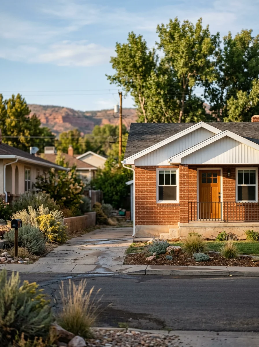 Replaced wood soffit and fascia boards with new aluminum-wrapped fascia on a Cedar City, Utah home, showing clean trim lines against a painted brick exterior.