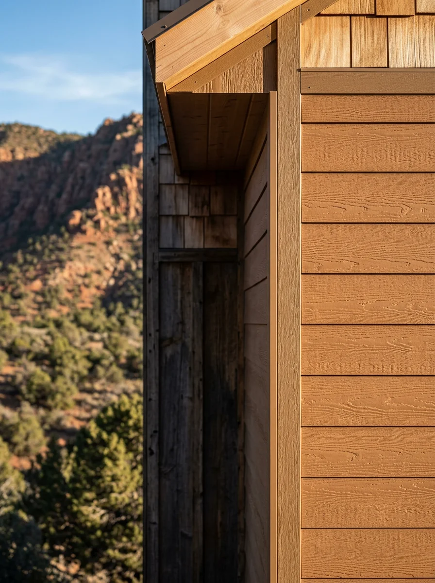 Close-up of new LP SmartSide siding panels installed on a rural mountain cabin exterior in Central, Utah, showing tight corner trim and fresh fascia boards.