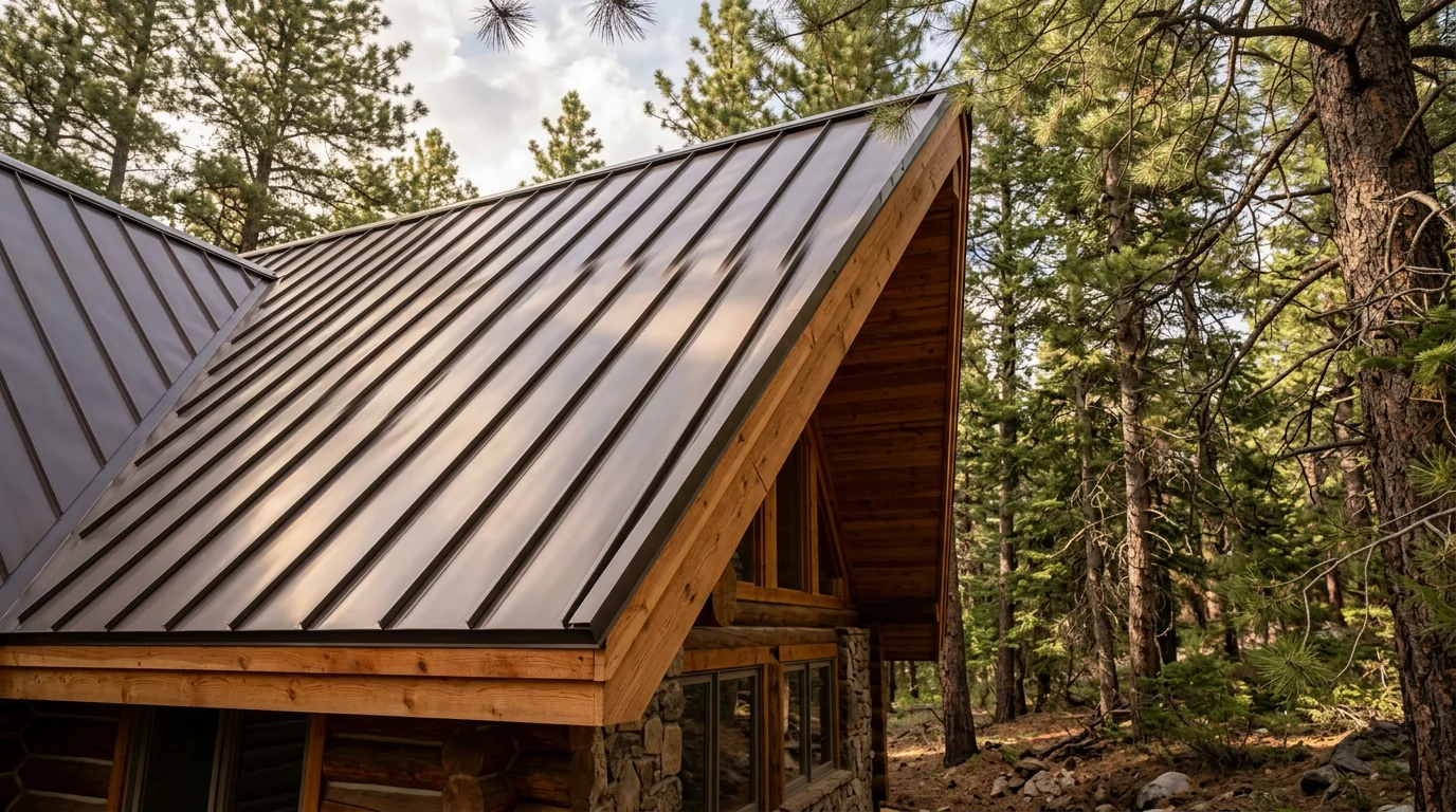Steep-pitched cabin roof with new standing seam metal roofing and replaced wood soffit and fascia boards, surrounded by pine trees in the Pine Valley Mountain area of Washington County, Utah.