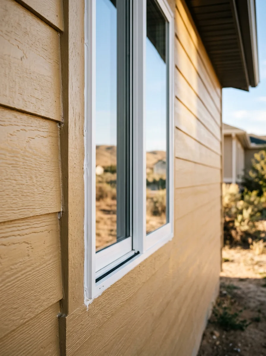 Close-up of new insulated vinyl window installation on an Enterprise, Utah acreage home, showing tight frame fit and clean exterior trim against painted wood siding.