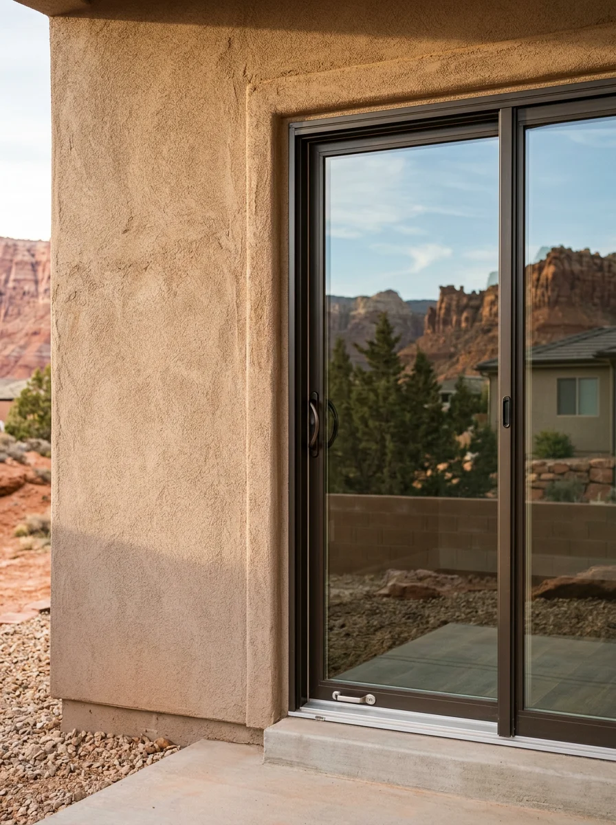 Replacement sliding patio door installed in a Hurricane, Utah home exterior, showing new aluminum threshold and clean trim against desert-toned stucco siding.
