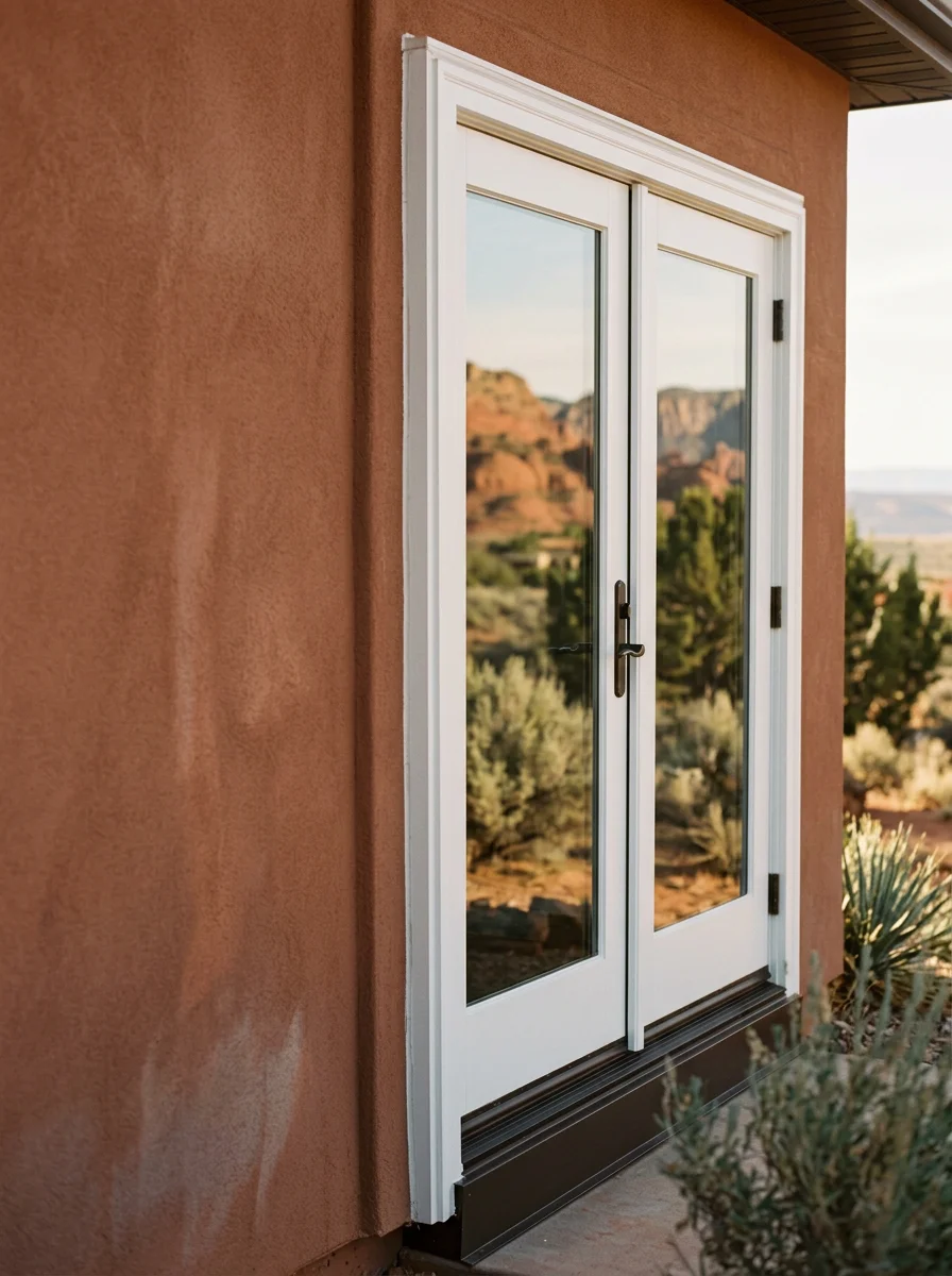 New French door installation on a La Verkin, Utah home exterior, showing clean aluminum threshold and trim against desert-toned stucco with red rock views beyond.