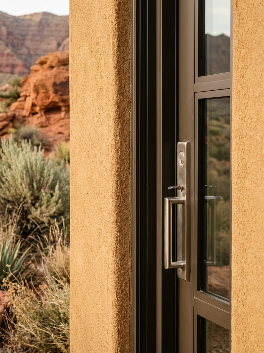 Close-up of a new metal door wrap and entry door installation on a St. George, Utah home exterior, showing clean aluminum trim against stucco and desert landscaping.