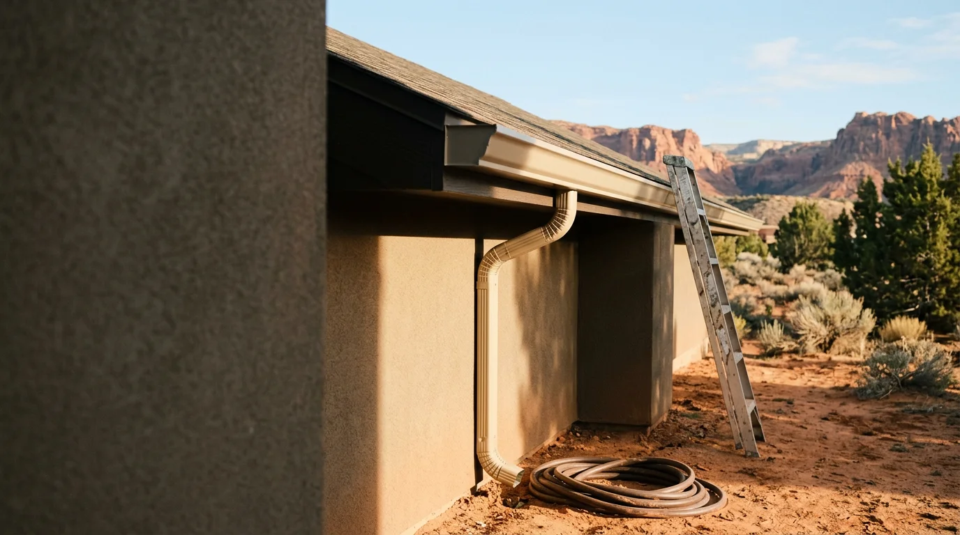 Freshly installed 5-inch K-style gutters running along the roofline of a single-family home in Central, UT. The gutters are flush against the fascia board with clean corner joints and a downspout positioned to direct water away from the foundation.