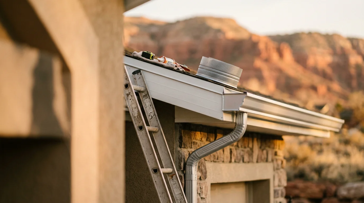 Freshly installed 6-inch gutters running along the roofline of a single-story home in Central, UT, with a downspout directing water away from the foundation. Clear afternoon light shows the clean fascia attachment and wide trough profile against a desert landscape backdrop.
