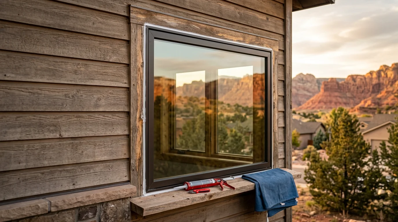 A newly installed custom frame-over window on a residential home in Central, UT, showing a clean finished exterior with intact original trim and a tight weather seal around the new window unit.