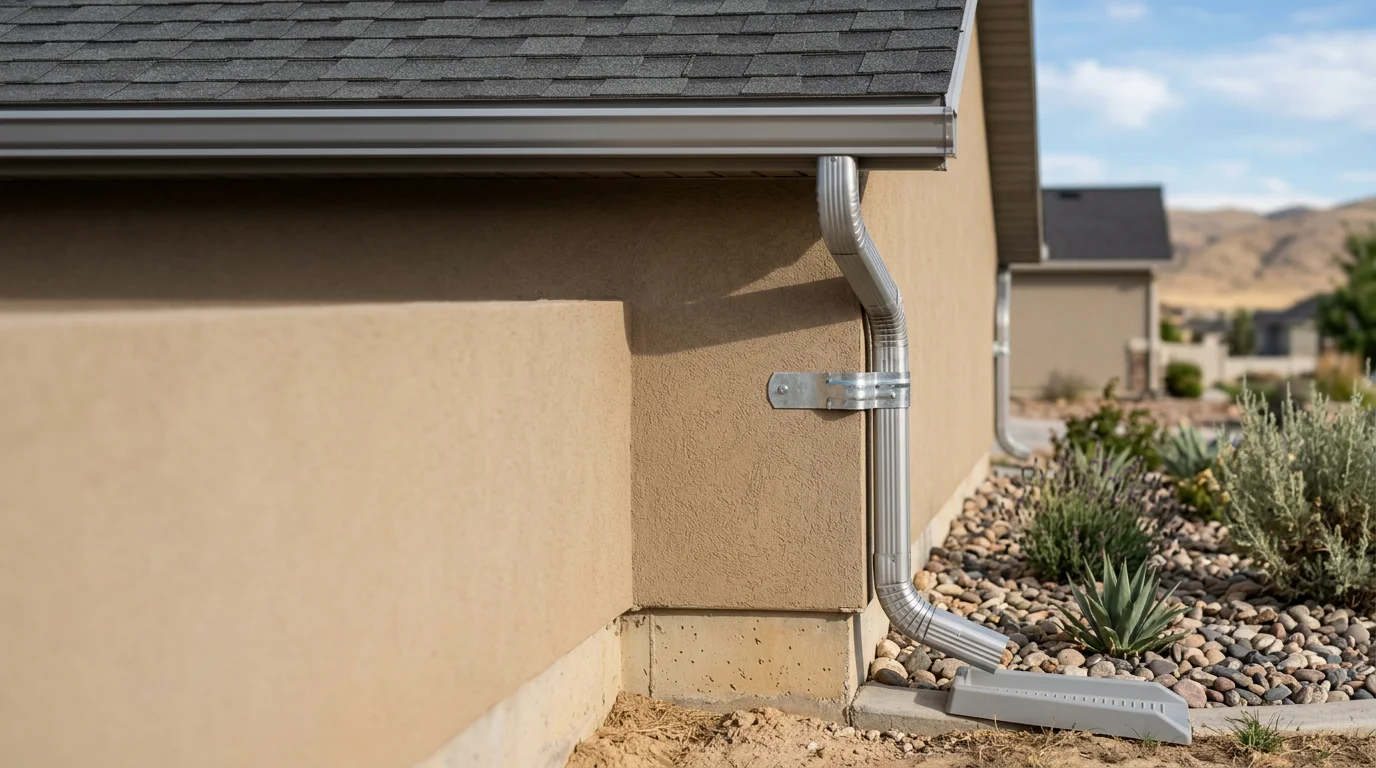 A freshly installed aluminum downspout on a residential home in Central, UT, with a clean elbow and discharge extension directing water away from the foundation. Washington County desert landscape and red rock terrain visible in the background.