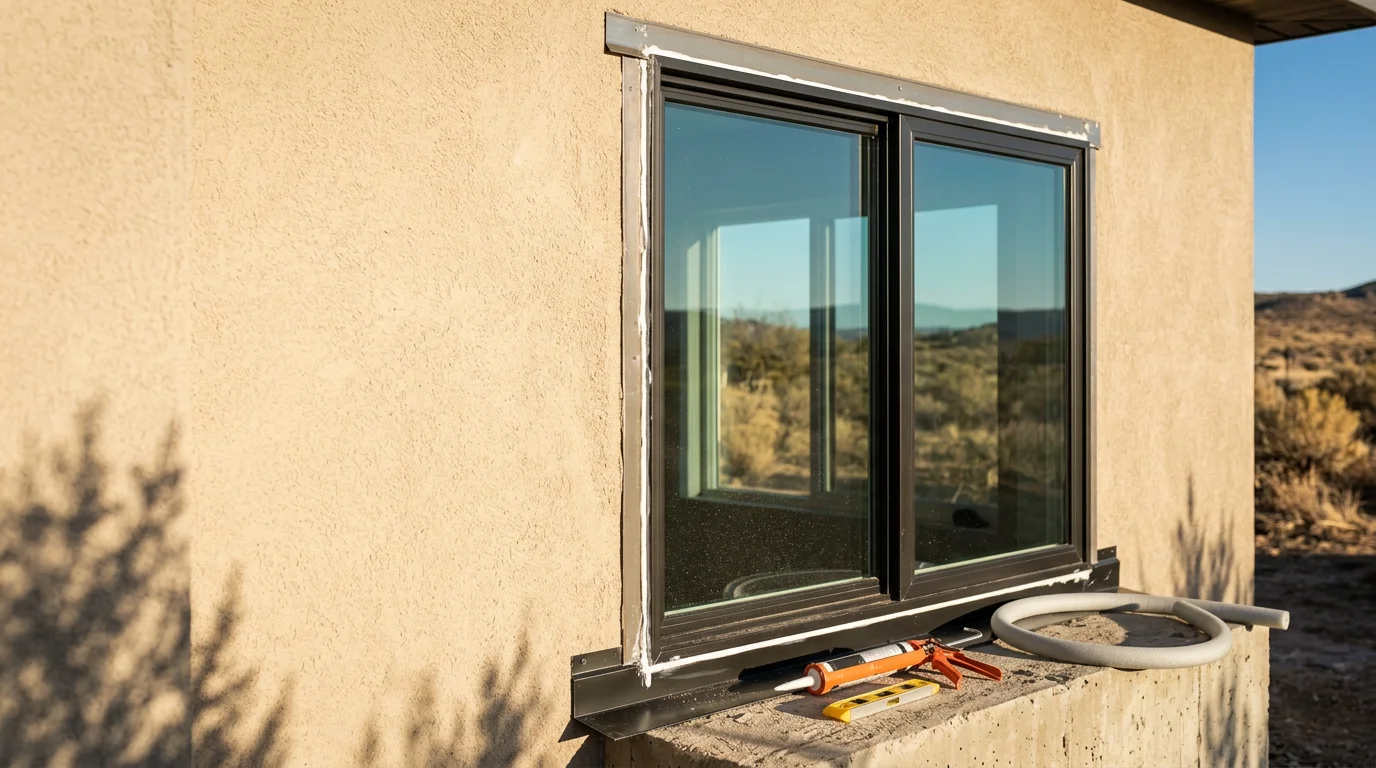 Newly installed energy-efficient windows on a single-story home in Central, UT, showing clean frame lines and clear Low-E glass under bright Southern Utah sunlight. A Beehive State Exteriors crew member inspects the finished exterior seal on a south-facing wall.