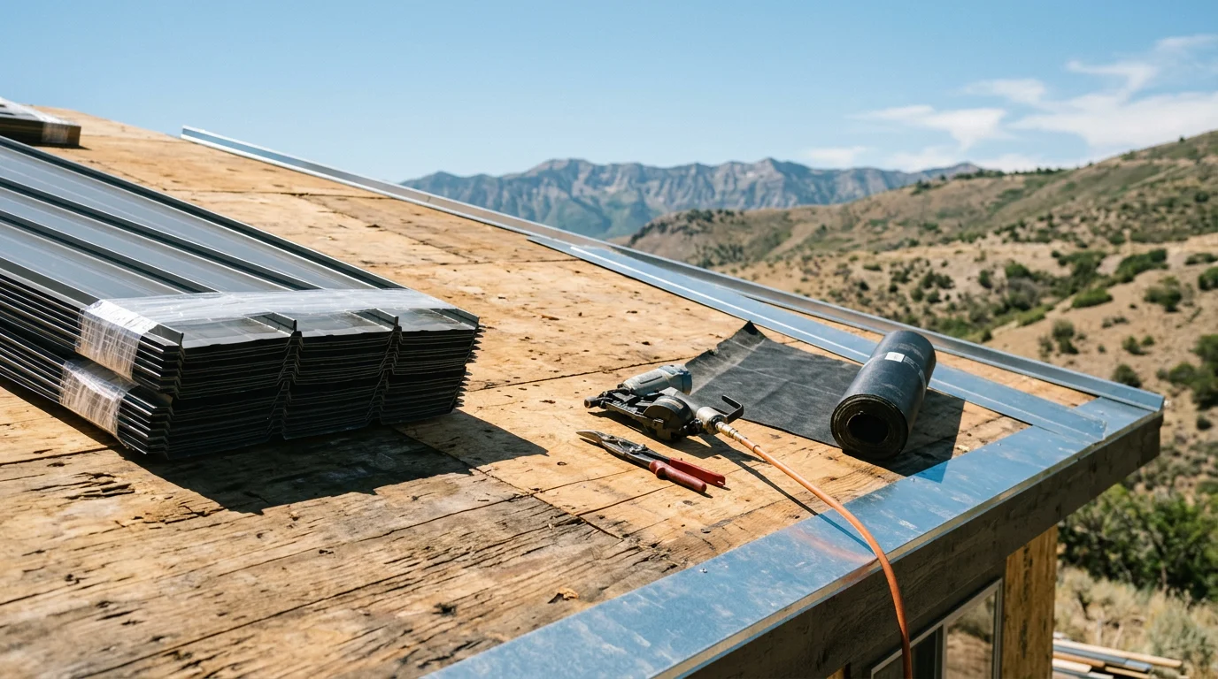 A completed metal roof replacement on a residential home in Central, UT, showing clean panel lines and new flashing against a backdrop of Iron County terrain. The finished roof reflects the clear Utah sky with no visible seams or damage from the prior system.