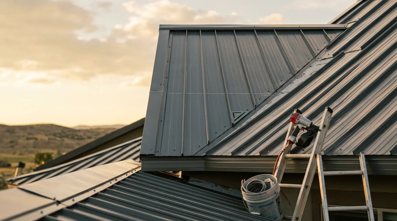 A completed metal roof installation on a residential home in Central, UT, showing clean panel alignment and finished ridge caps against a clear southern Utah sky.