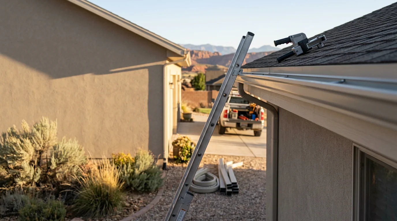 Freshly installed seamless aluminum gutters running along the roofline of a single-story home in Central, UT. The continuous gutter run follows the fascia cleanly with no visible seams along the horizontal section.