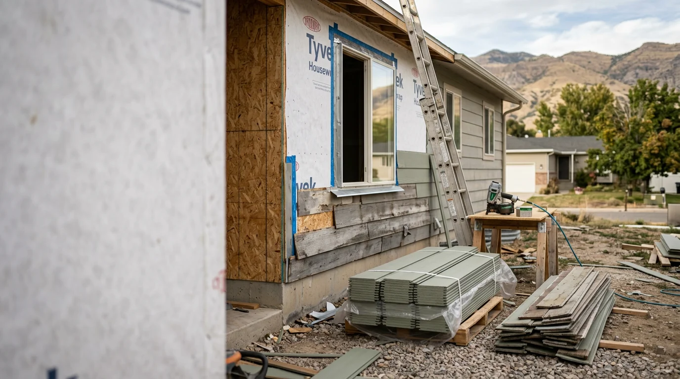 Freshly replaced siding on a single-family home in Central, UT, showing clean panel lines, finished corner trim, and a completed exterior wall ready for Southern Utah's sun and temperature swings.