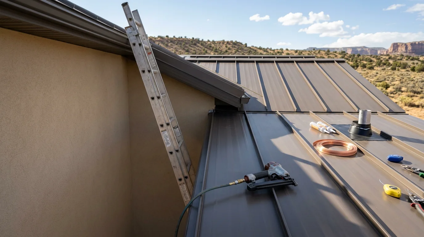 Completed standing seam metal roof on a residential home in Central, UT, showing vertical panels with raised interlocking seams and no exposed fasteners. The roof is photographed against a clear southern Utah sky with red rock terrain visible in the background.