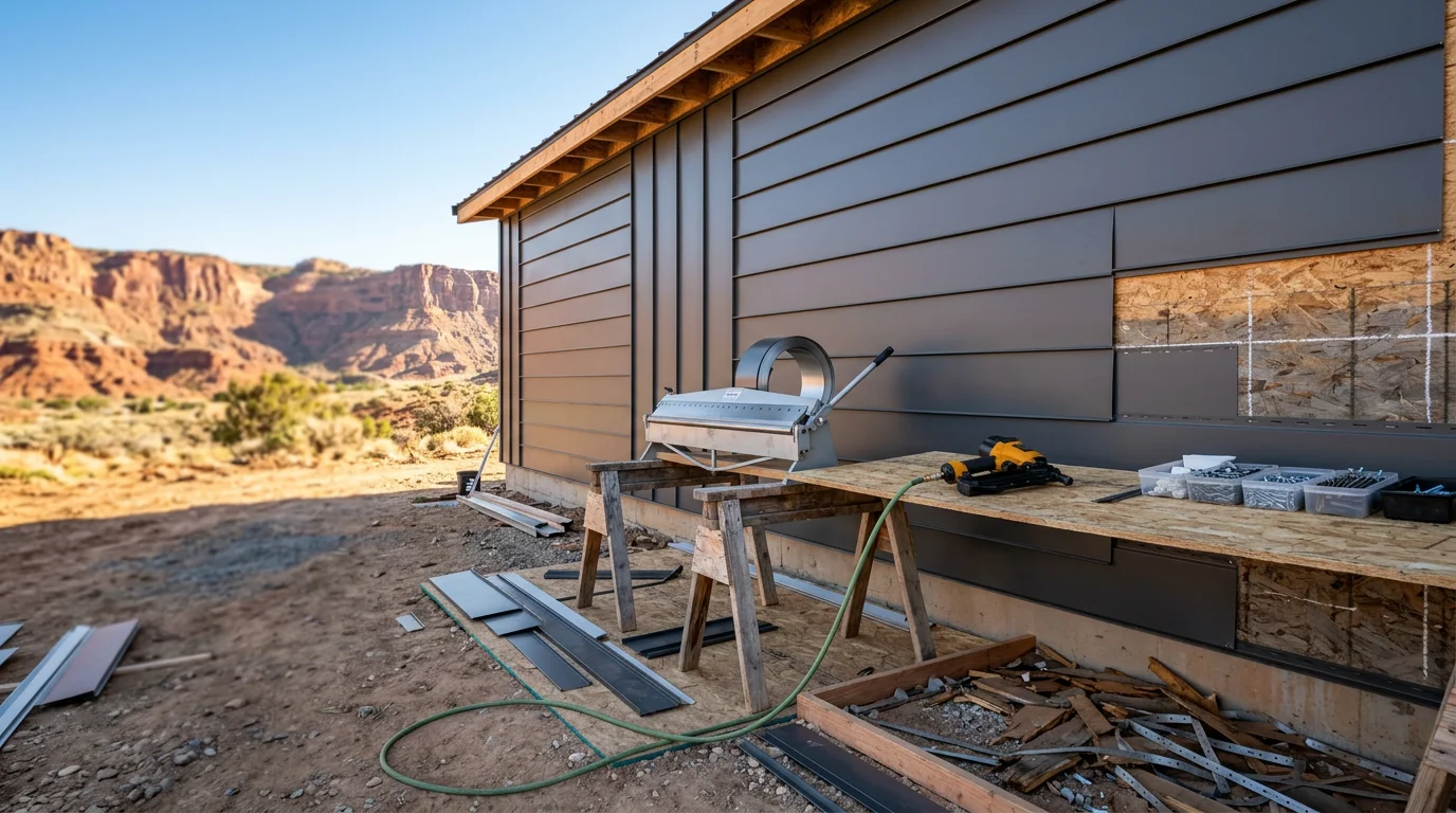 Freshly installed steel siding on a single-family home in Central, UT, showing clean horizontal panel lines and trim work against a clear Southern Utah sky. Close view highlights the smooth factory finish and precise corner detailing completed by Beehive State Exteriors.