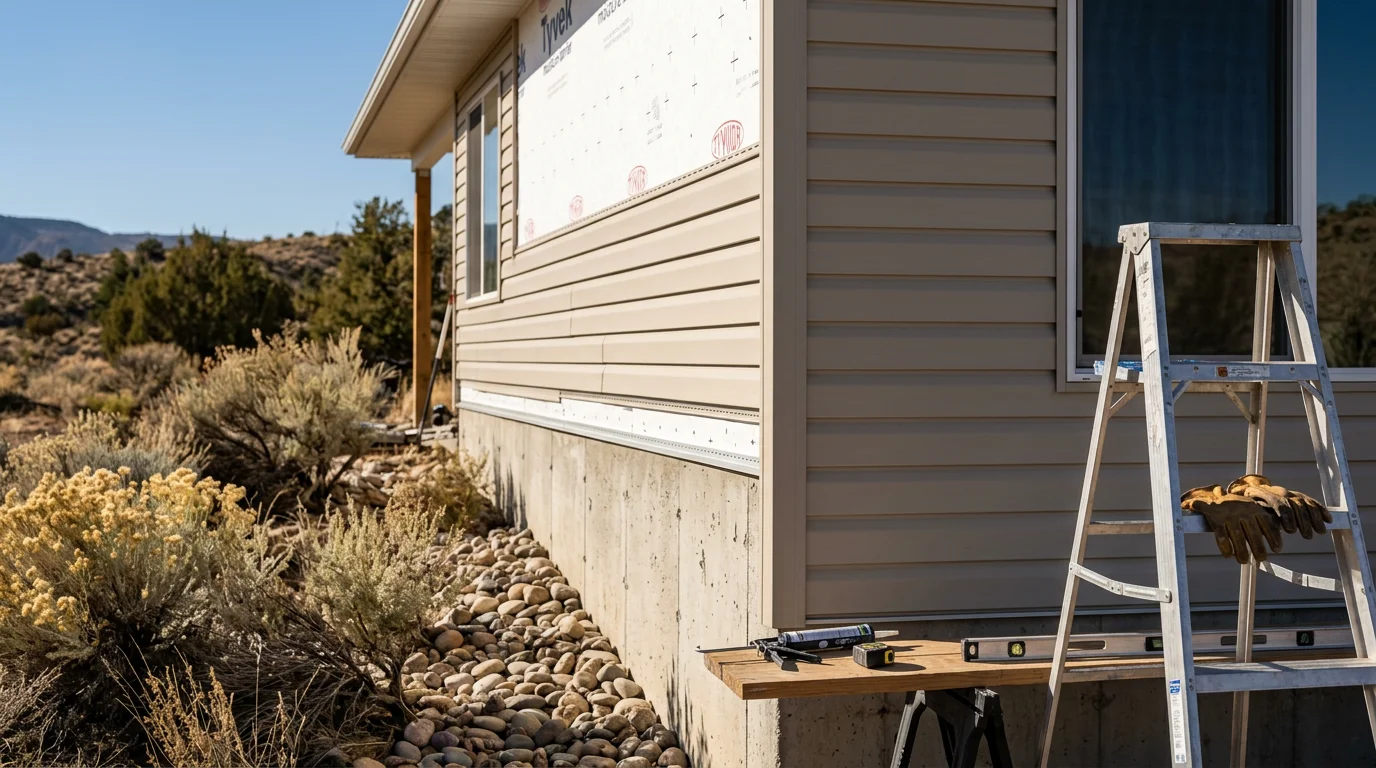 Freshly installed vinyl siding panels on a single-story home in Central, UT, showing level panel rows, fitted corner posts, and clean trim channels against a clear desert sky. Close-up view highlights tight seams and consistent lap spacing across the exterior wall.