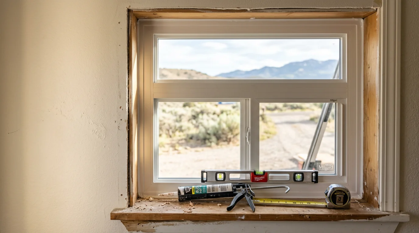 A freshly installed vinyl window on a single-story home in Central, UT, showing a clean frame fit against a stucco exterior. The surrounding desert landscape and clear sky reflect the Southern Utah setting.