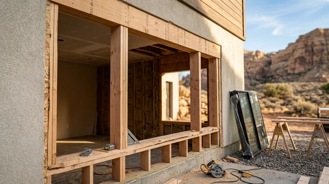 A freshly enlarged window opening in a Southern Utah home exterior, showing new framing and a wider rough opening ready for window installation. The surrounding stucco wall and desert landscape of the Central, UT area are visible in the background.