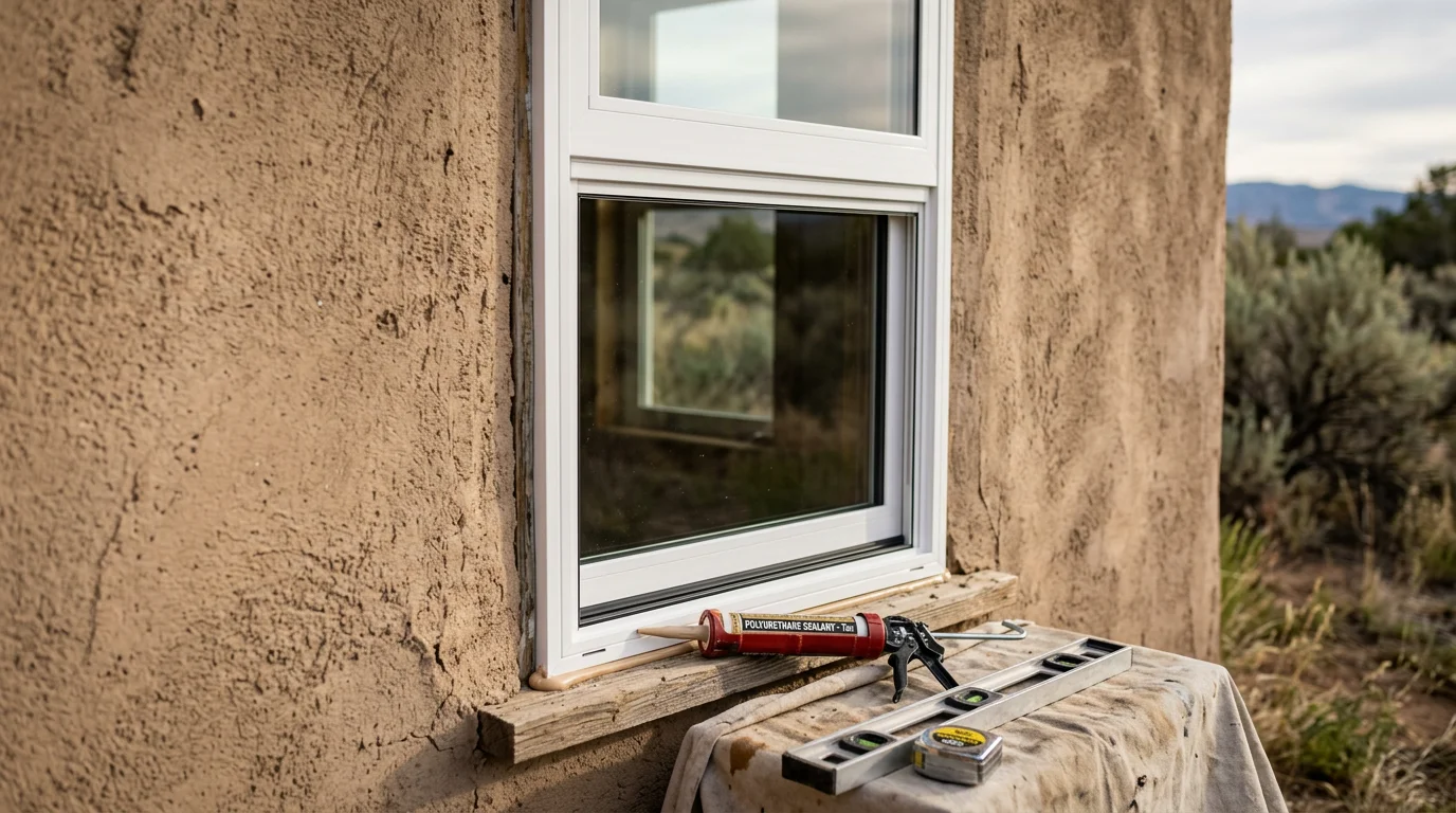 A newly installed replacement window on a single-story home in Central, UT, with clean exterior trim and clear glass reflecting the surrounding high-desert landscape. The finished frame sits flush against the exterior wall with no visible gaps or weathering.